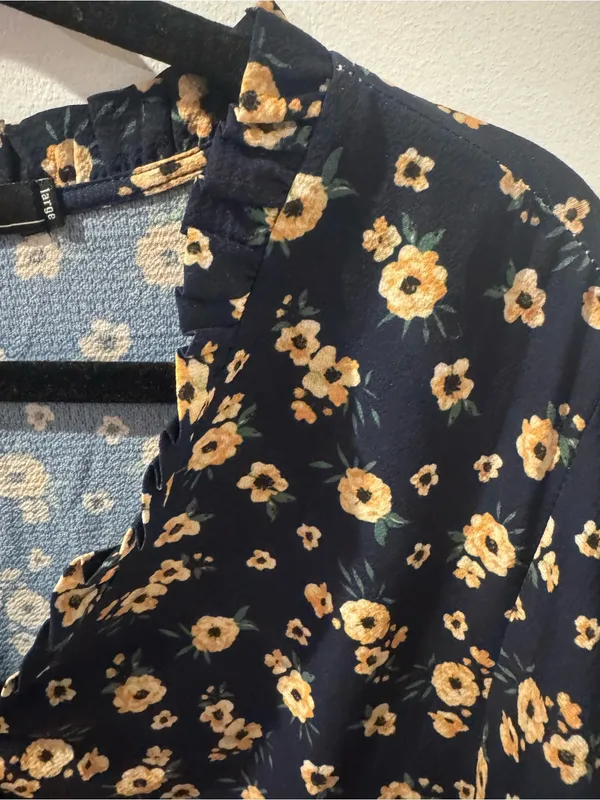 Crimson Floral Midi Dress Womens L Navy Blue Yellow Floral Ruffle Sleeve Boho - Image 4