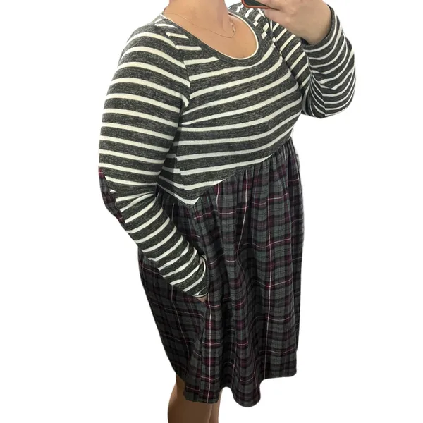 Andrée by Unit (M) Striped Plaid Pocket Elbow Patch Pocketed Swing Dress - Image 4