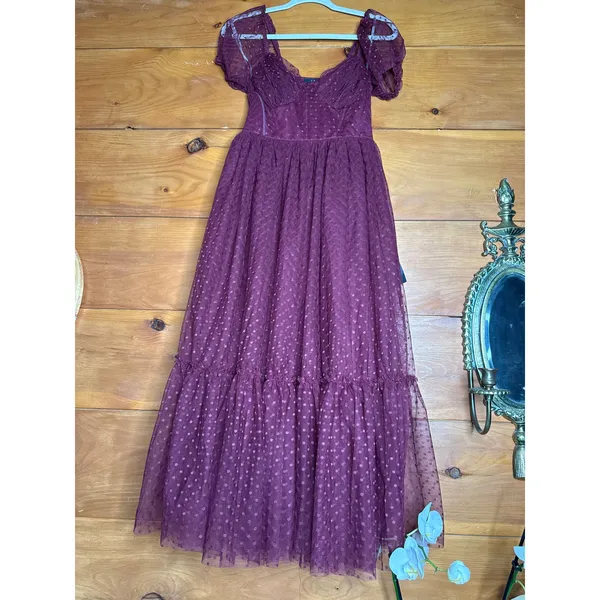NWT Lulus Dreamy Celebration Plum Purple Tulle Bustier Swiss Dot Midi Dress Sz S - Image 2