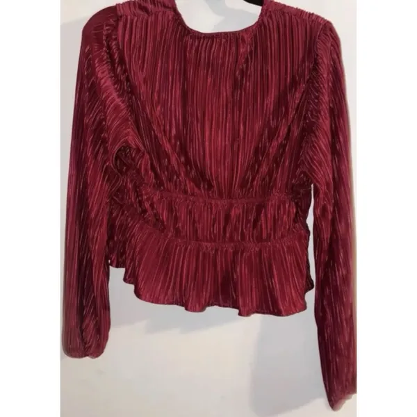Lulus Luxe Designs Wine Red Plisse Satin Long Sleeve Tie-Front Top Sold Out - Image 3