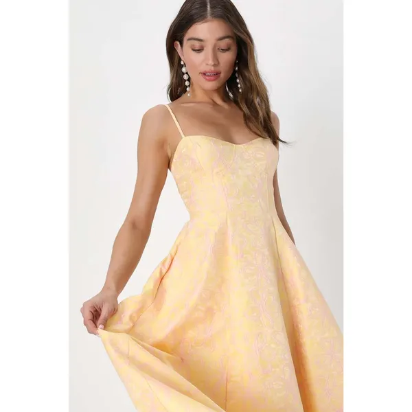 NWT Lulus Meet for Tea Yellow Jacquard Bustier Midi Dress With Pocket Wedding XS - Image 4
