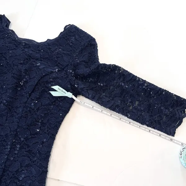 Alex Evenings Navy Blue Sequin Lace Chiffon Midi Special Occasion Dress Size‎ 6 - Image 9