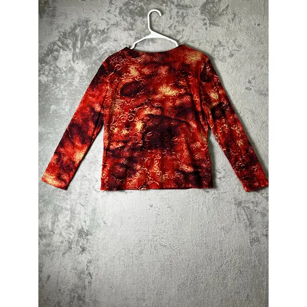 Vintage Y2k Velvet Floral Mesh Top Boho VNeck Long Sleeve Red Orange Medium - Image 3