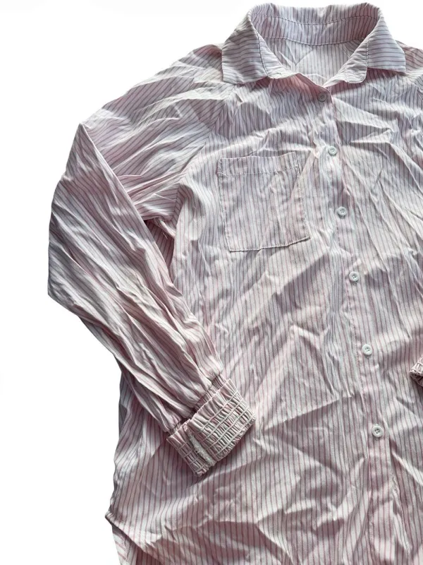 Pink White Striped Button Up Shirt Size M Smocked Cuff Long Sleeve Pocket Top - Image 4
