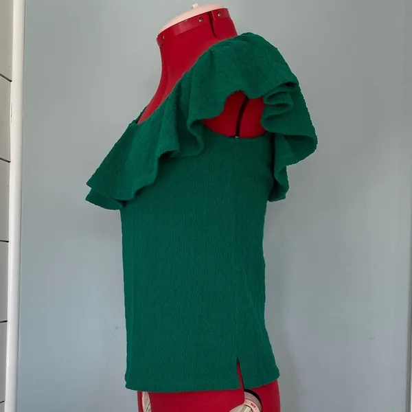 Anthropologie Off Shoulder Ruffle Green Top Sz XS - Image 8