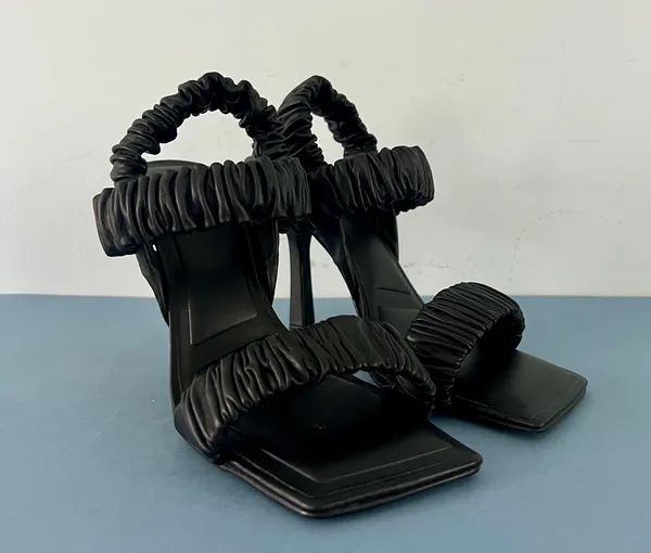 Vanya Scrunched Square Toe Black Leather Heels - Image 2
