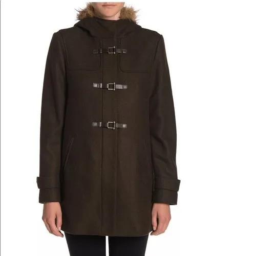 Cole Haan‎ Wool Blend Faux Fur Trim Hooded Coat, Brown, Size 4, NWT - Image 6