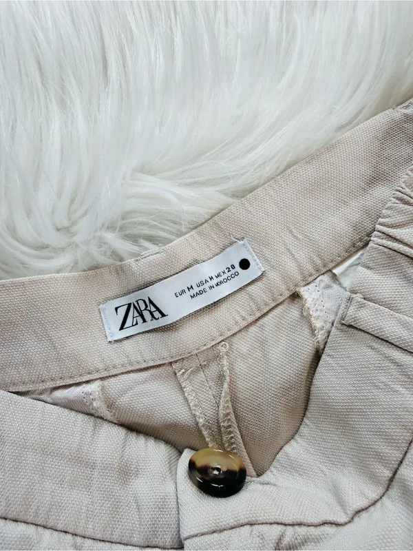 Zara Khaki Textured Fabric High Waisted Cropped Trousers - Image 3