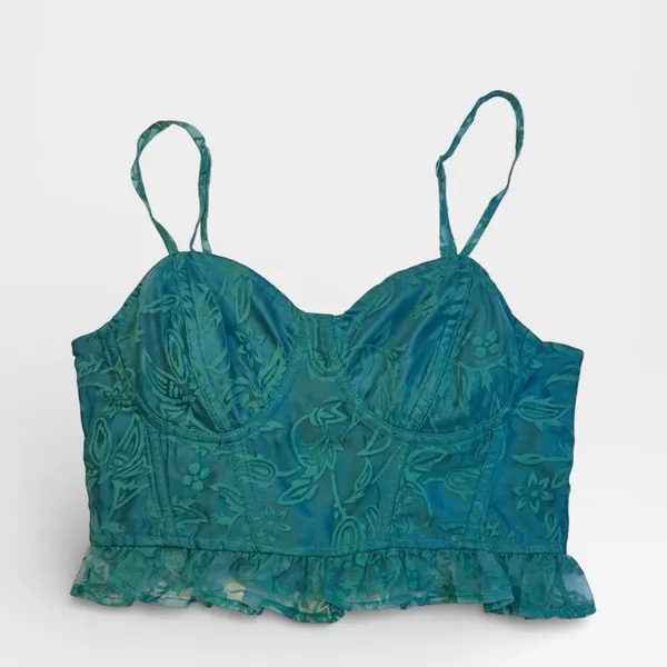 Free People Now or Never Corset Crop Tank Ruffle Floral Textured Teal Green XS - Image 7