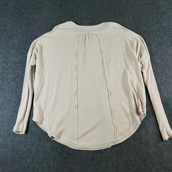 Free People Women‎ Beige Waffle Knit Ribbed Henley Thermal Top Small OB1013778 - Image 2