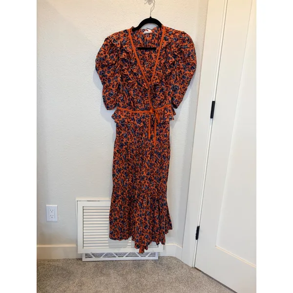 Ulla Johnson Lisette Rust Blue Floral Puff Sleeve Ruffle Wrap Midi Dress - Image 4