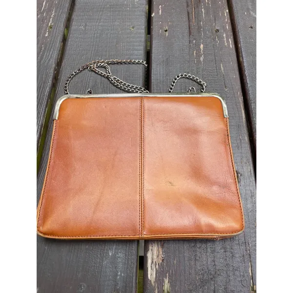 Vintage Tan Leather Clutch Bag Silver Chain Shoulder Strap Frame Top Cognac - Image 2