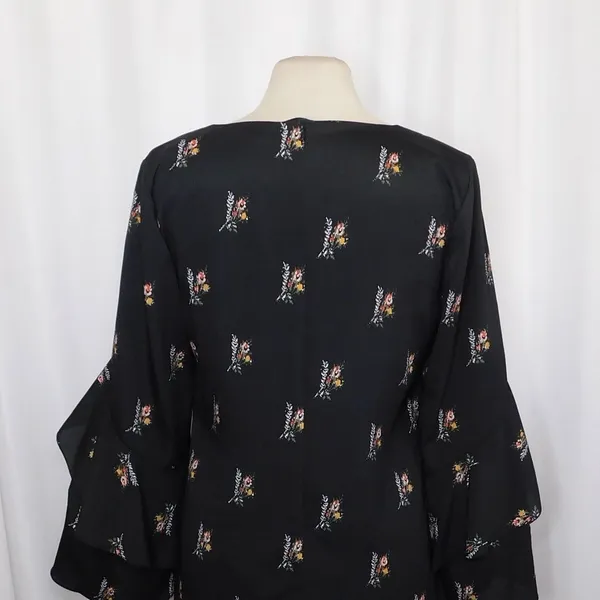 KOBI HALPERIN Ayana Ruffle Sleeve‎ Black Floral Dress Cape Shift Dress Medium - Image 7