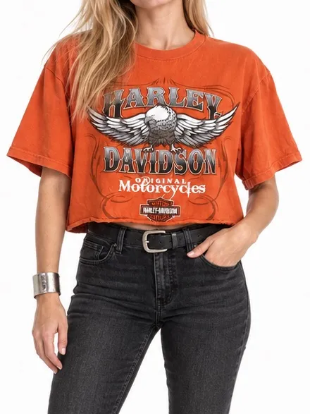 Harley Davidson Orange Eagle Cropped Graphic Tee Size L Dallas Texas Motorcycle - Image 3