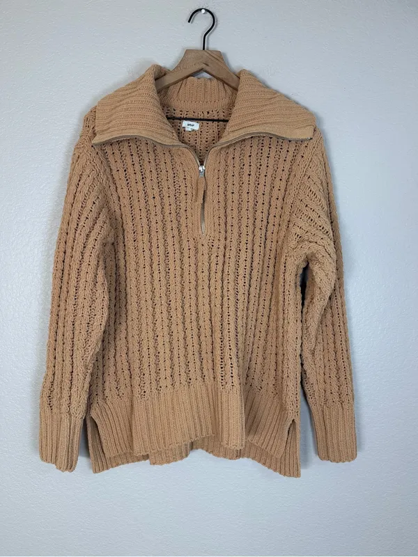 Aerie Cable Car Knit Quarter Zip Pullover Sweater Warm Camel size Medium $98 - Image 4