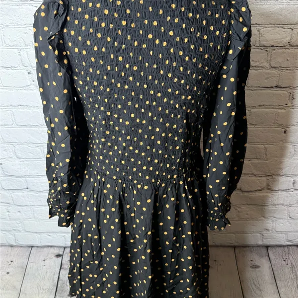 Madewell lucie smocked v neck mini dress Black Dress with Gold Dots size medium - Image 13