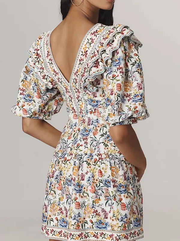 Farm Rio Greek Garden Floral Linen Blend Ruffle Tie Back Mini Dress Size M - Image 15