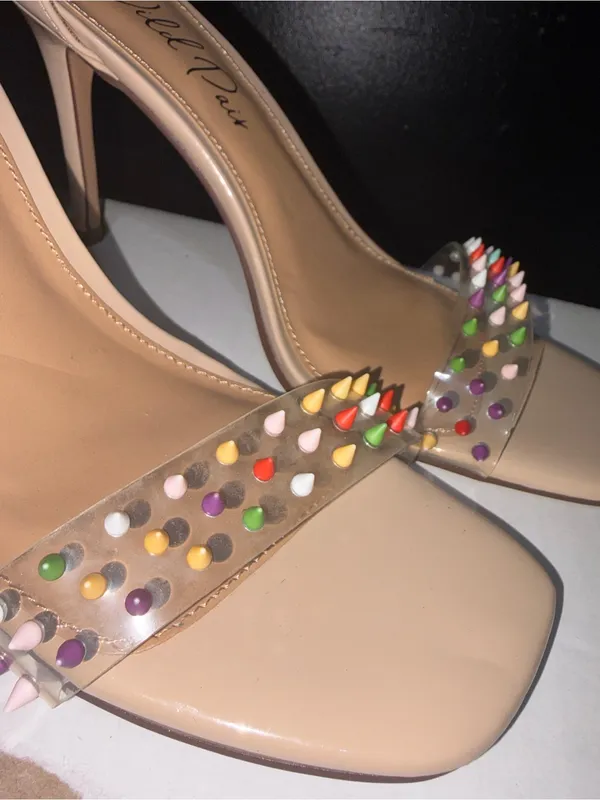 NWOT Nude Patent High Heels with Clear Studded Straps Tan Size 9 - Image 3