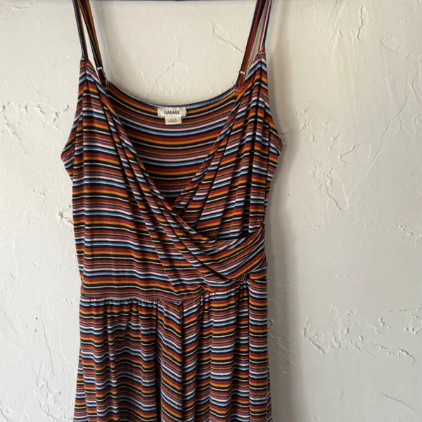 GARAGE Striped Cami Babydoll Top‎ Ruched Spaghetti Strap Rainbow P/S Grunge - Image 3