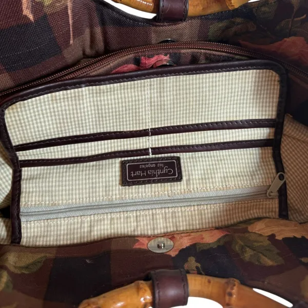 Cynthia Hart Los Angeles Floral Plaid Tote Bag Purse Bamboo Handles Gold Brown - Image 13