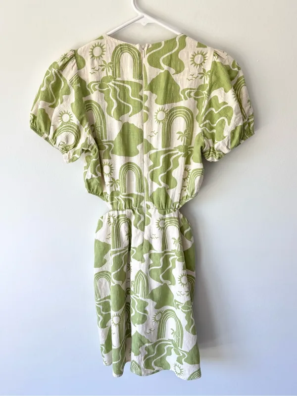 Show Me Your Mumu Jessa Mini Dress Green White Tropical Pattern Linen Blend - Image 8
