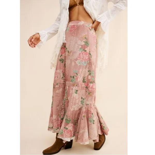 Free People Ethereal Dainty Cottage Prairie Bordeaux Floral Maxi Skirt Large - Image 7