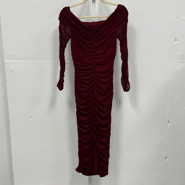NWT Pretty Garden Burgundy Mesh Ruched Off Shoulder Bodycon Midi‎ Dress Wine Med - Image 7