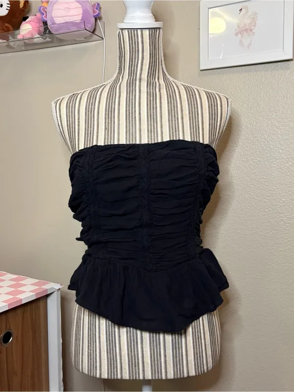 Free people cotton Black Strapless Ruching Peplum Top casual luxury preppy small - Image 2