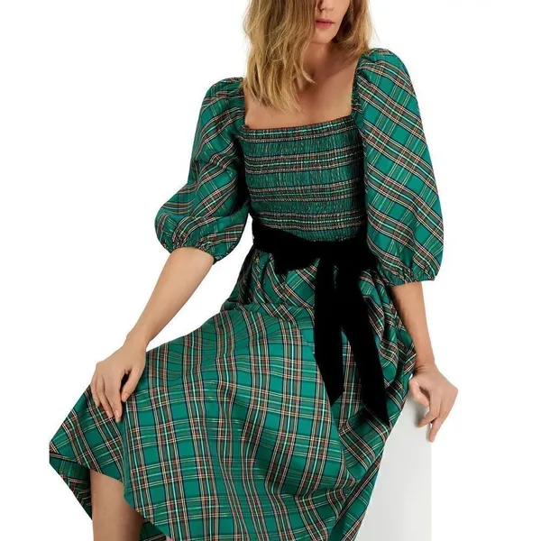 NWT! INC International Concepts Green Red Metallic Plaid Belted Midi Dress Small - Image 11