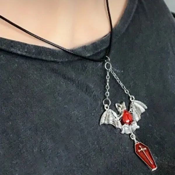 1pc‎ Red Bat & Coffin Gothic Bohemian Style Black Rope Necklace - Image 6