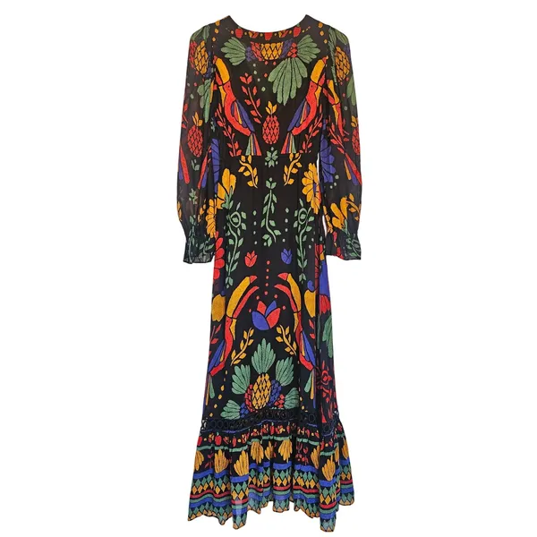 Farm Rio Black Tropical Toucan Floral V-Neck Maxi Dress XS Long Puff Sleeve Boho - Image 11