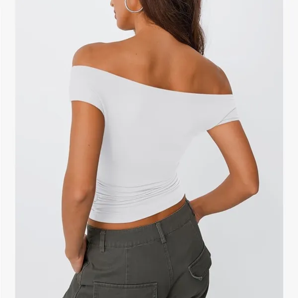 Trendy Queen Off The Shoulder Top Y2K Summer Shirts Double Lined White Large - Image 2