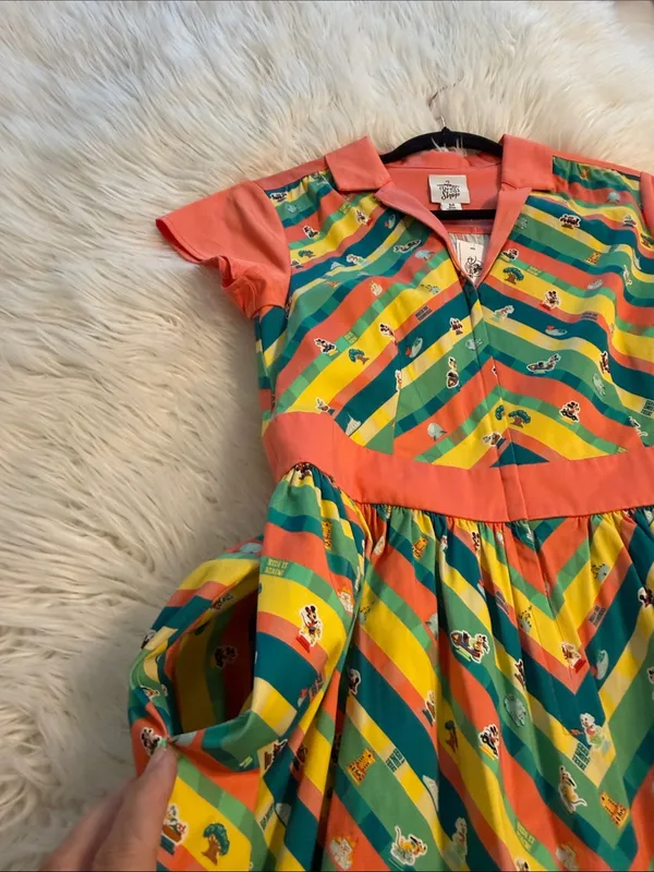 Disney Coral, Teal & Yellow Striped Fit-and-Flare Dress size M length 42” B32” - Image 8
