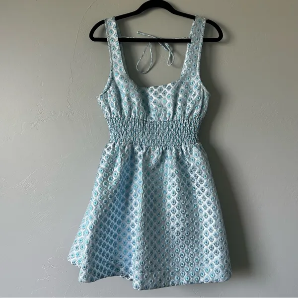 Tuckernuck Hill House Cher Dress Snowflake Brocade Mini Blue Large - Image 2