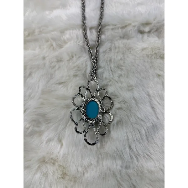 Silver vtg Tone Turquoise Oval Pendant‎ Statement Necklace Women Fashion Jewelry - Image 7