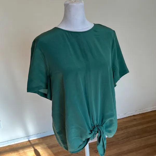 Madewell Silk Button-Back Tie-Front Top Forest Green G2064 Size L - Image 3