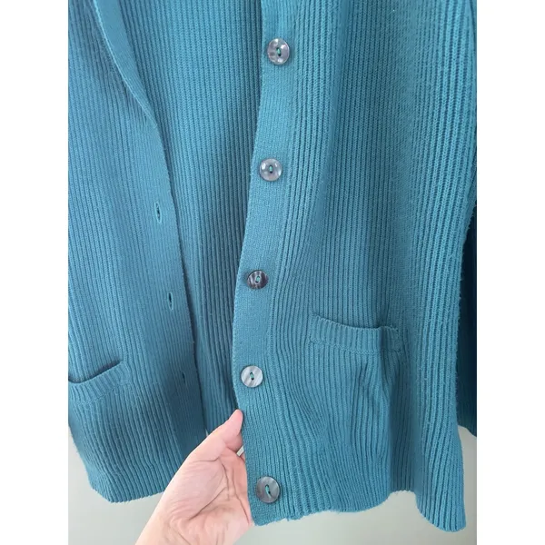 Liz Baker Vintage Teal Solid Rib-Knit Collared Button Front Pocket Cardigan XL - Image 2