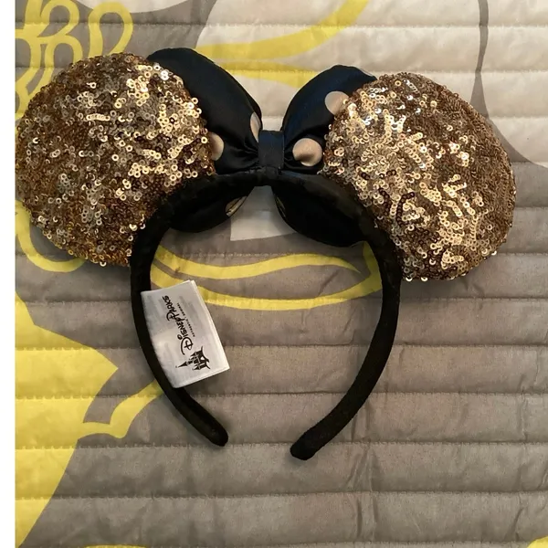 NWOT Disney Parks Minnie Mouse ear headband gold sequined black bow n polka dots - Image 2