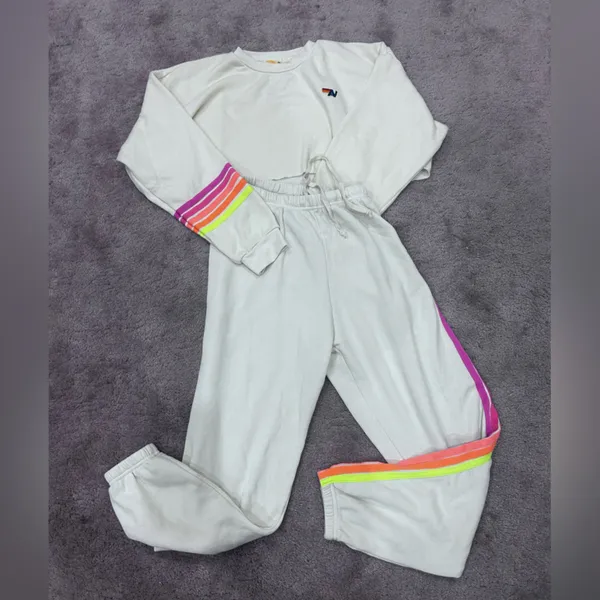 Aviator Nation Vintage White Set Neon 5 Stripe Rugby Sweatshirt and Sweatpants - Image 3