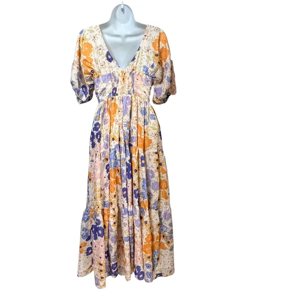 JardinVue Floral Tiered‎ Maxi Dress Orange Purple Puff Sleeve V-Neck Small NWT - Image 4
