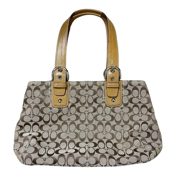 Vintage Y2K Coach Signature Tan Brown Canvas Patent Leather Tote Shoulder Bag - Image 6
