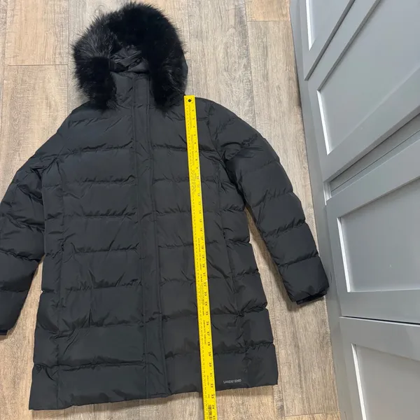 Lands End Womens‎ XL Black Down Puffer Parka Jacket Faux Fur Trim Hood - Image 6
