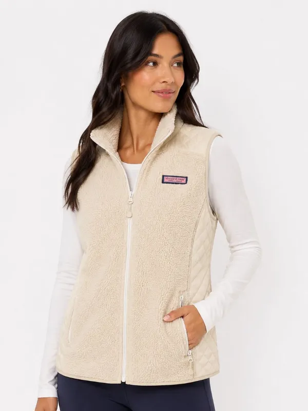 Vineyard Vines Cream Sherpa Quilted Full Zip Vest Women’s L - Image 2