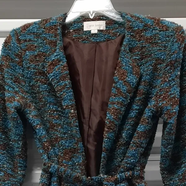Erin London Jacket Women's Medium Brown Blue Long Sleeve Fuzzy Belted Blazer - Image 3