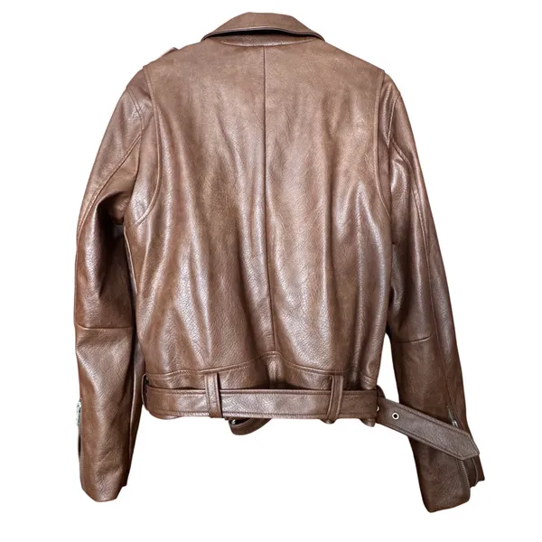 7 For All Mankind Women's Faux Leather Moto Jacket Brown L‎ Biker Chic Punk Rock - Image 2