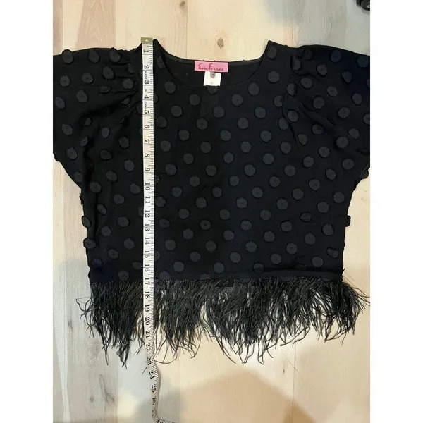 Anthropologie NWT XS Eva Franco Black Sheer Fabric Polka Dot Feathered Hem Top - Image 6