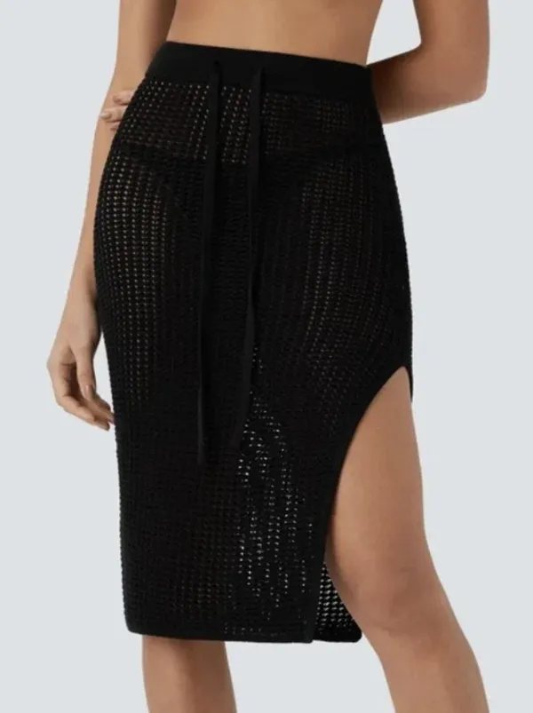 Halara Mesh Crochet Open Knit Midi Skirt Drawstring Size M Black Resort Coverup - Image 2