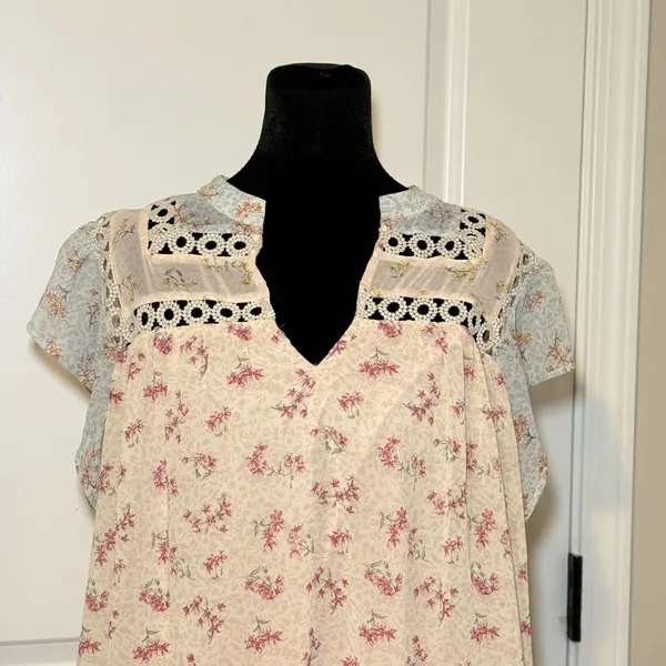 Entro Floral Patchwork Crochet Blouse Pink Blue Size Large Boho Fairy Cottage - Image 2