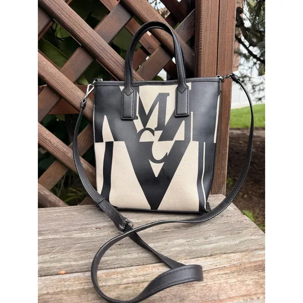 MCM Glitch Logo Mini Shopper Tasche Tote Bag Canvas Crossbody Black Beige - Image 2