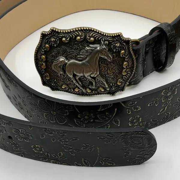 Women's Black Faux Leather Western Belt w/ Horse Buckle, 36.5-45.5 in, X7G9A966 - Image 4